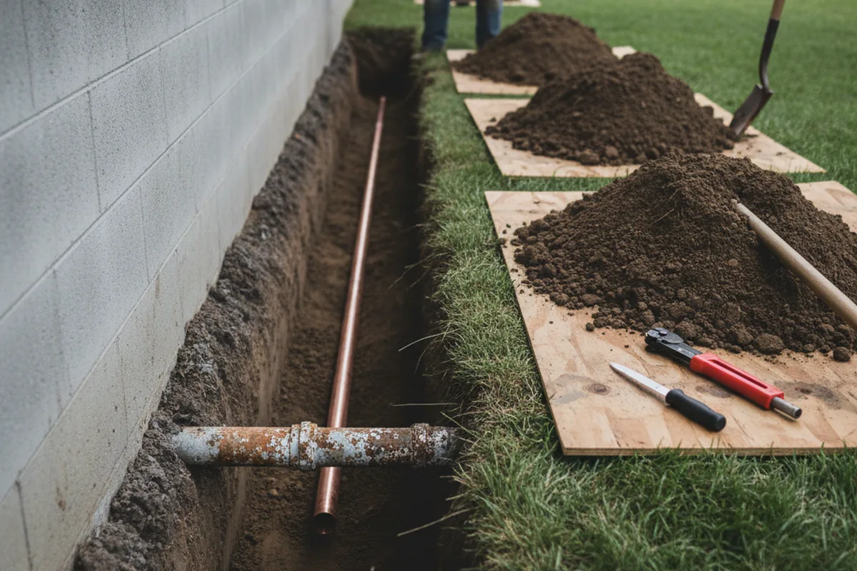 Excavated water line trench during Water Softener Installation in Easton
